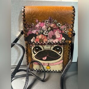 Whimsical Pug Floral Crossbody Bag fawn